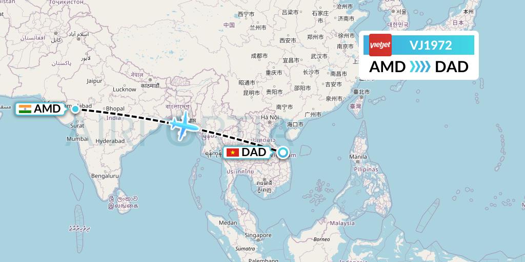 VJ1972 VietJet Air Flight Map: Ahmedabad to Da Nang