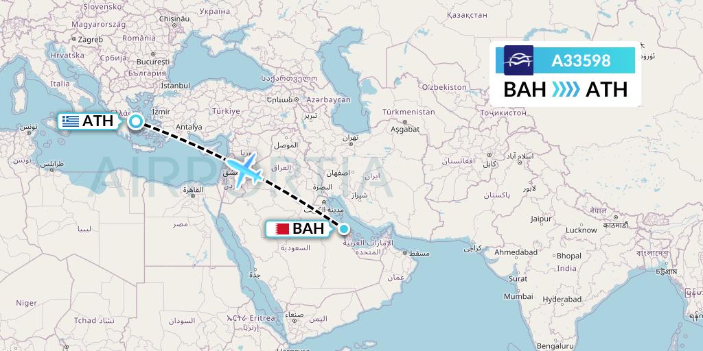 A33598 Aegean Airlines Flight Map: Bahrain to Athens