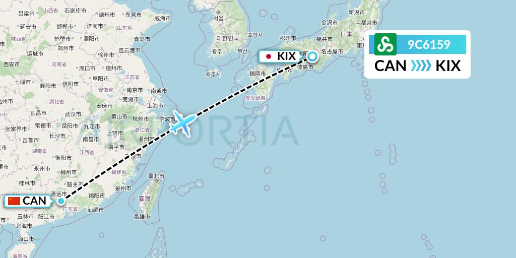9C6159 Spring Airlines Flight Map: Guangzhou to Osaka