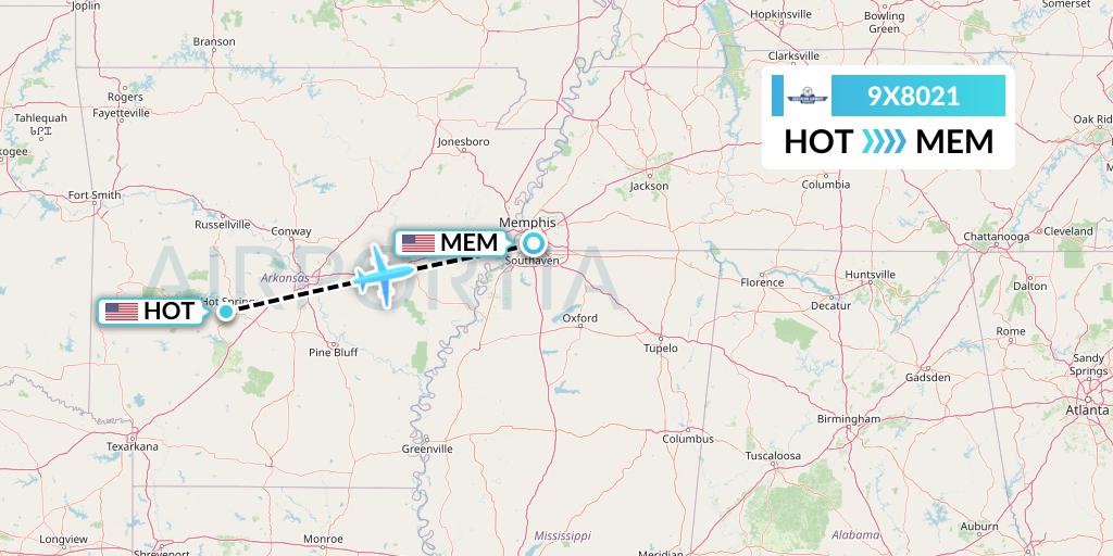 9X8021 Southern Airways Express Flight Map: Hot Springs to Memphis