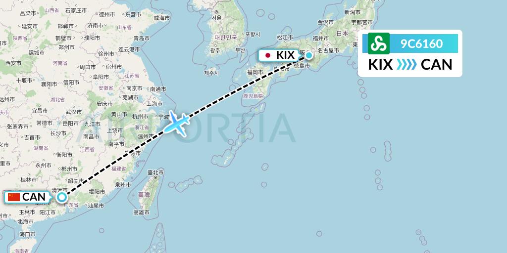 9C6160 Spring Airlines Flight Map: Osaka to Guangzhou