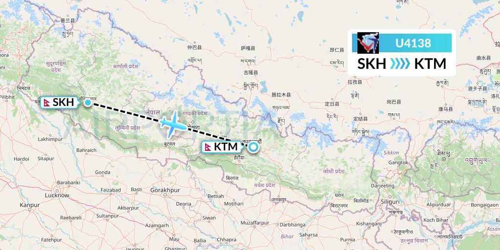 U4138 Buddha Air Flight Map: Surkhet to Kathmandu