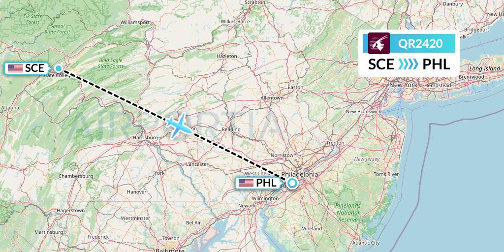 QR2420 Qatar Airways Flight Map: State College to Philadelphia