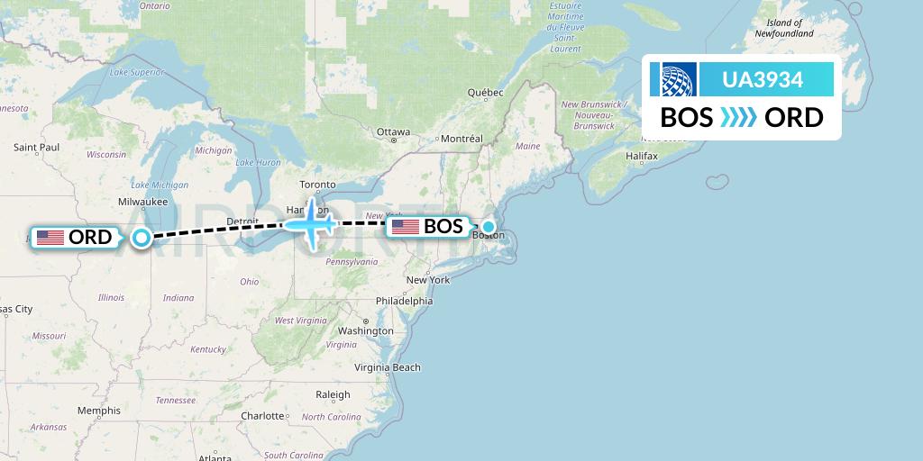 UA3934 United Airlines Flight Map: Boston to Chicago
