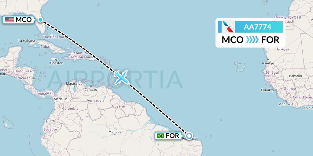 AA7774 American Airlines Flight Map: Orlando to Fortaleza