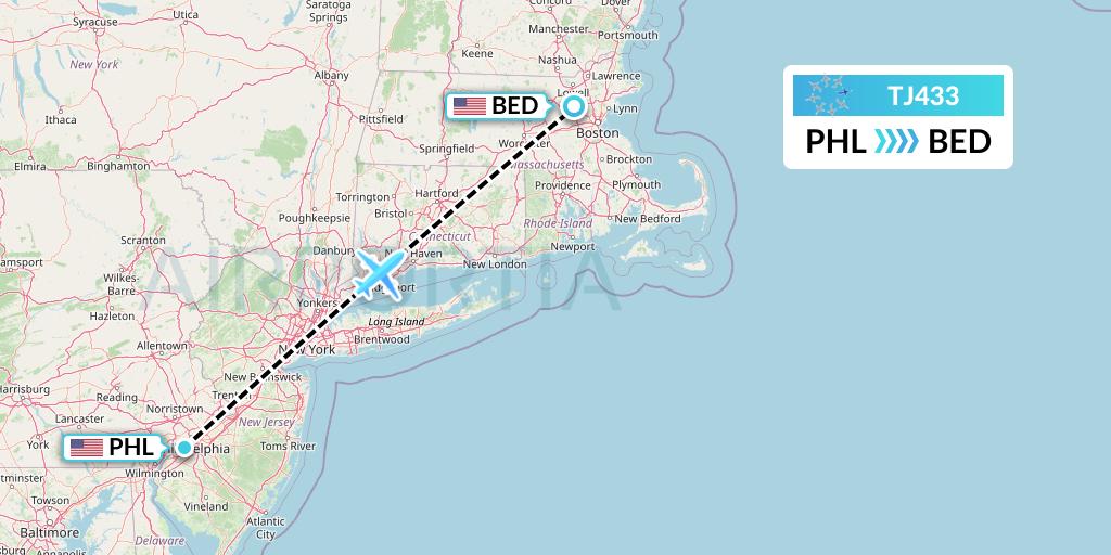 TJ433 Tradewind Aviation Flight Map: Philadelphia to Bedford