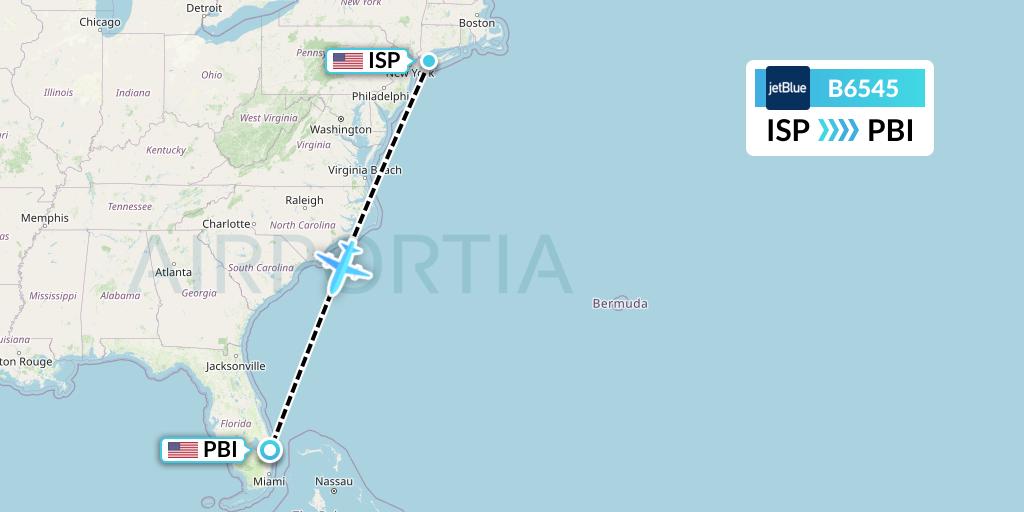 B6545 JetBlue Airways Flight Map: Islip to West Palm Beach