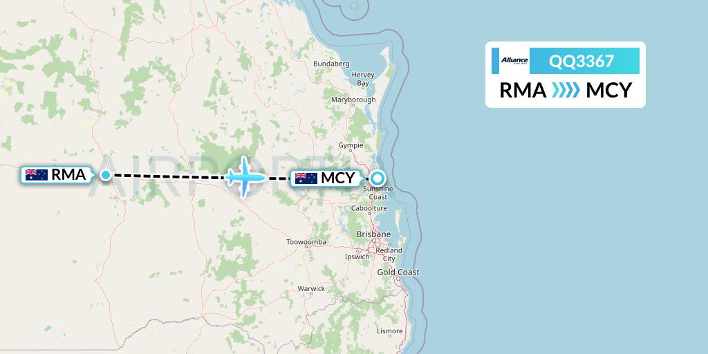 QQ3367 Alliance Airlines Flight Map: Roma to Sunshine Coast