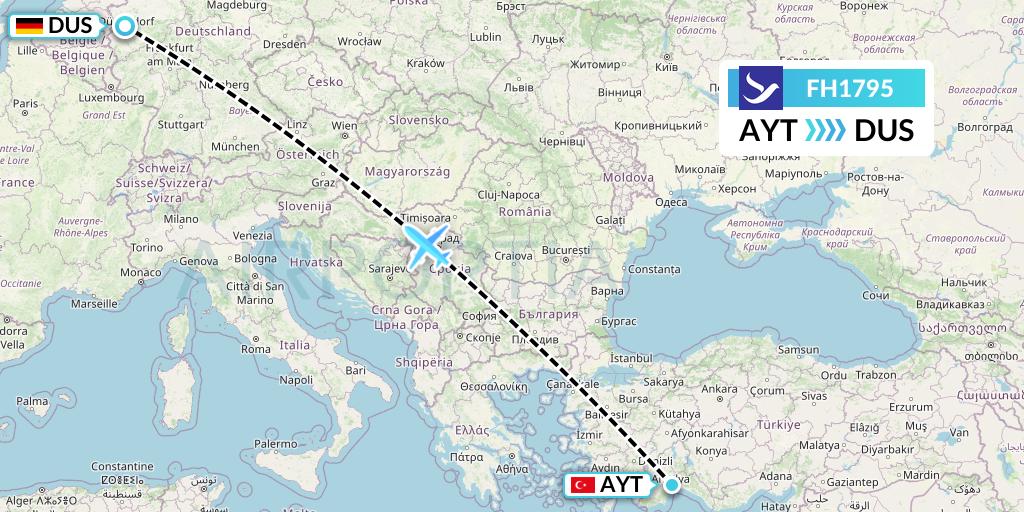 FH1795 Freebird Airlines Flight Map: Antalya to Dusseldorf