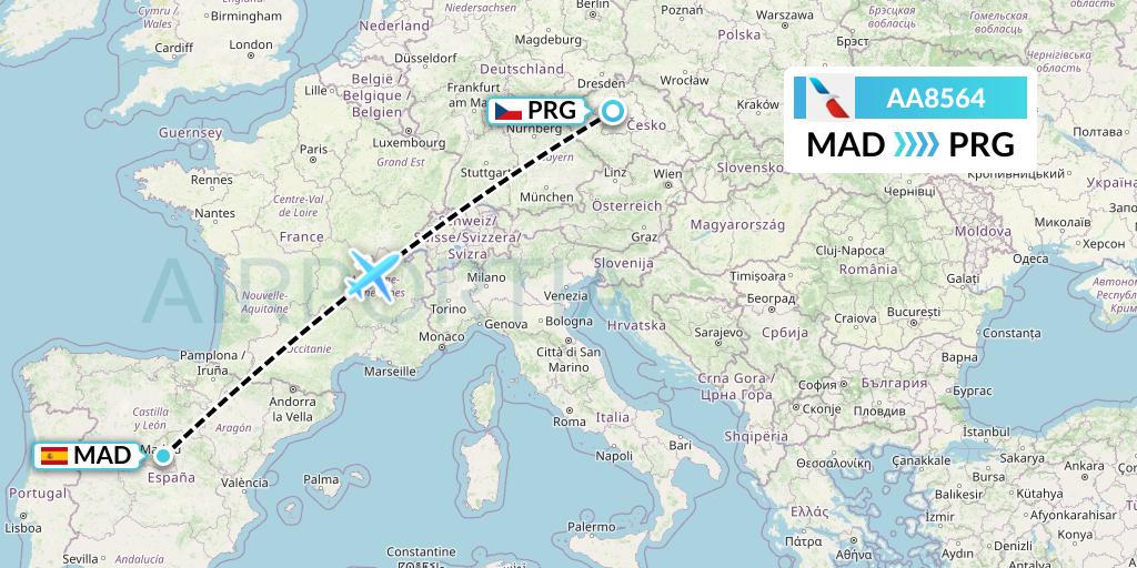AA8564 American Airlines Flight Map: Madrid to Prague