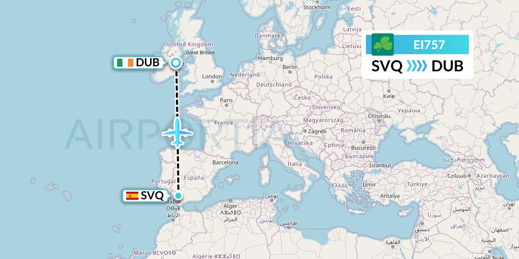 EI757 Aer Lingus Flight Map: Seville to Dublin