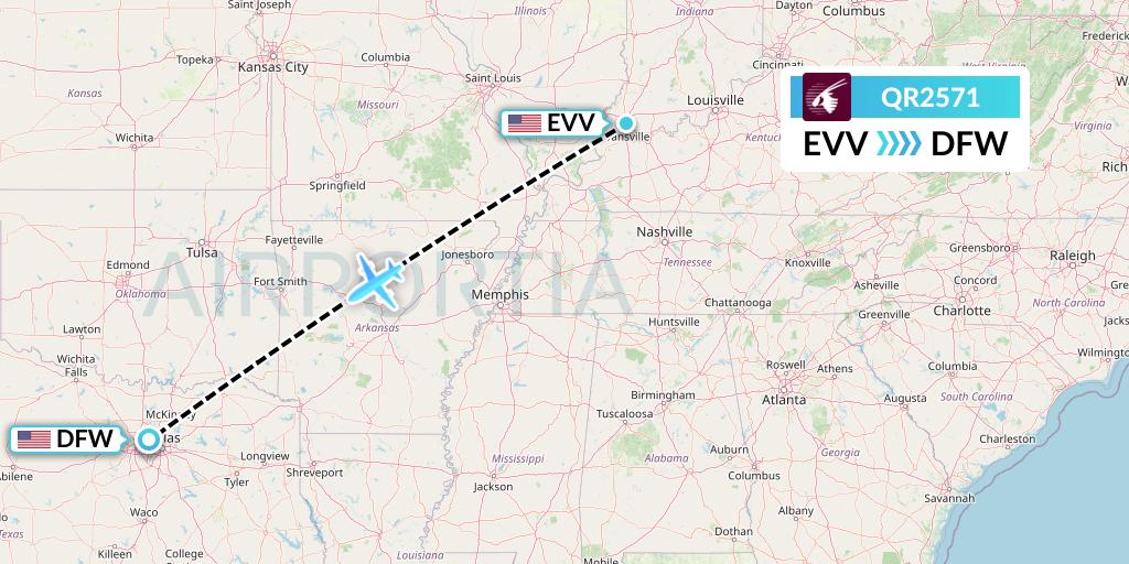 QR2571 Qatar Airways Flight Map: Evansville to Dallas