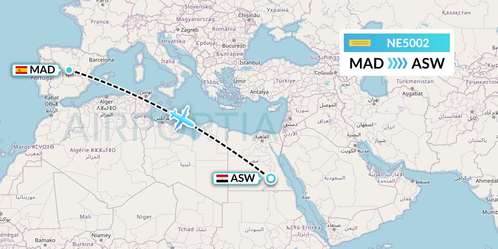 NE5002 Nesma Airlines Flight Map: Madrid to Aswan