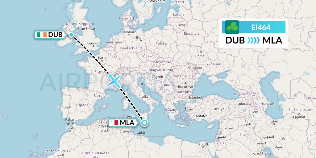 EI464 Aer Lingus Flight Map: Dublin to Malta