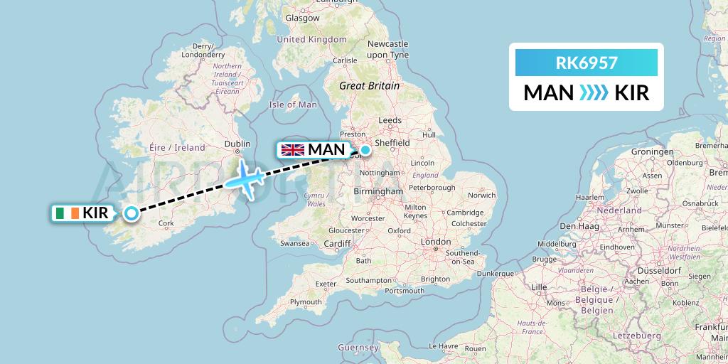 RK6957 Ryanair UK Flight Map: Manchester to Kerry