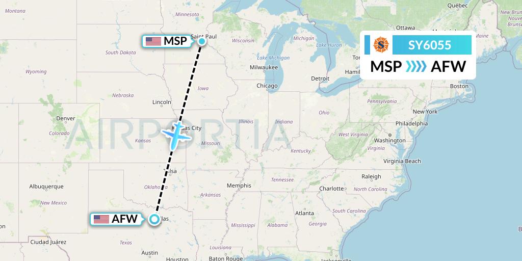 SY6055 Sun Country Airlines Flight Map: Minneapolis to Fort Worth