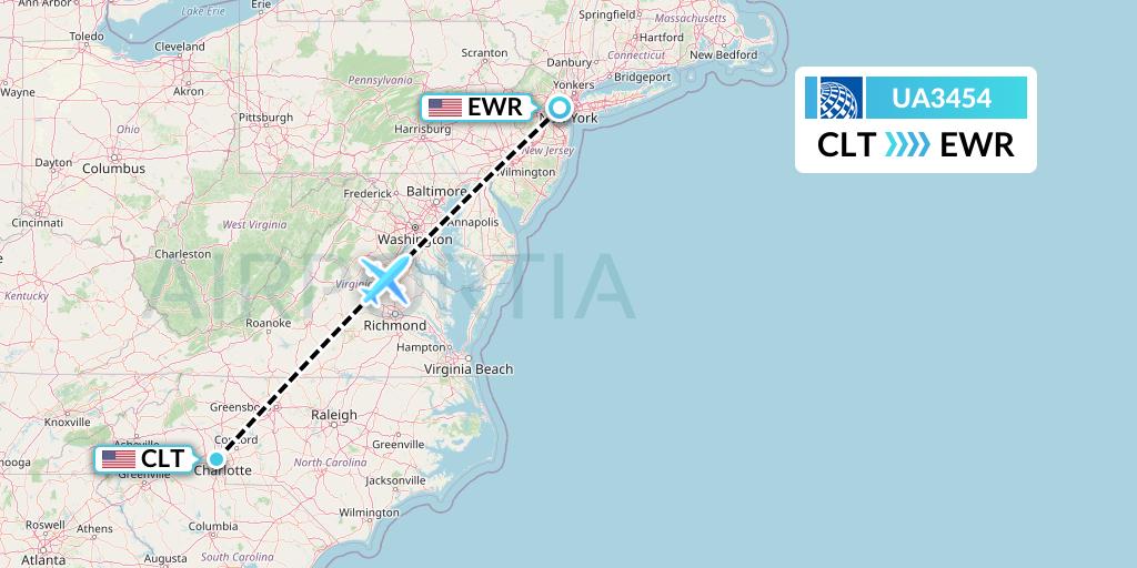 UA3454 United Airlines Flight Map: Charlotte to New York