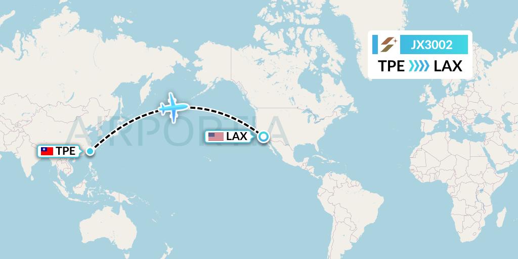 JX3002 Starlux Airlines Flight Map: Taipei to Los Angeles