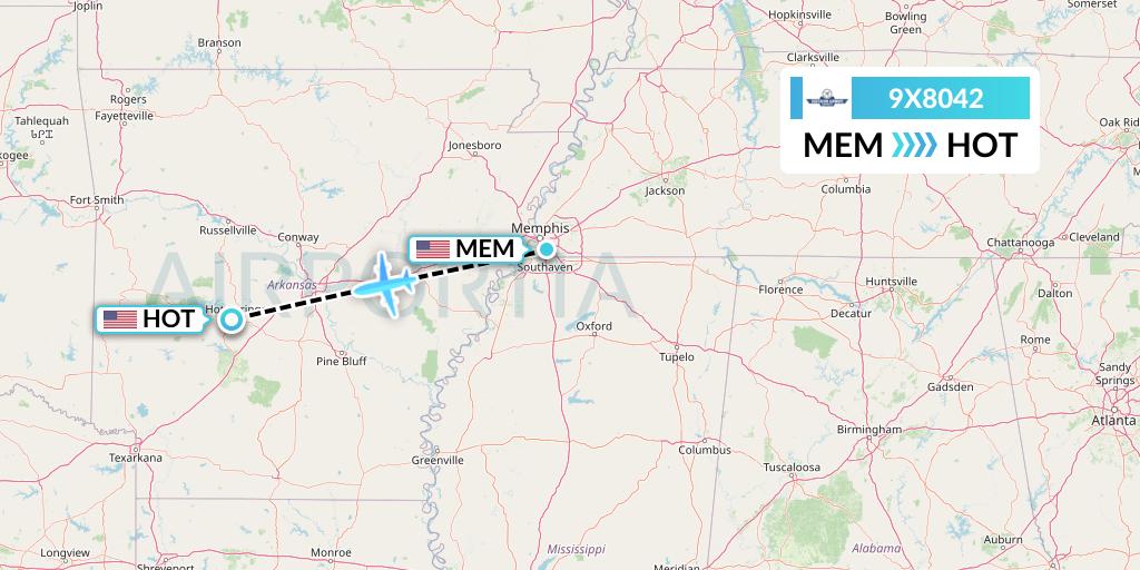 9X8042 Southern Airways Express Flight Map: Memphis to Hot Springs