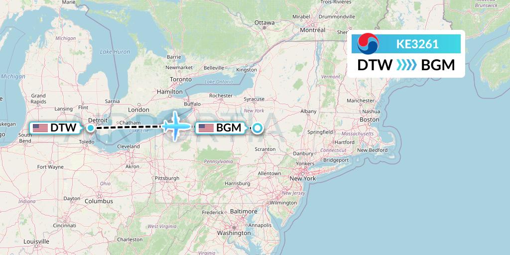 KE3261 Korean Air Flight Map: Detroit to Binghamton