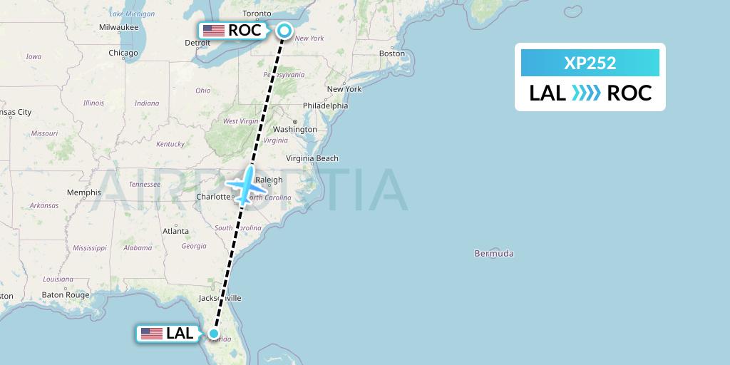 XP252 Avelo Airlines Flight Map: Lakeland to Rochester