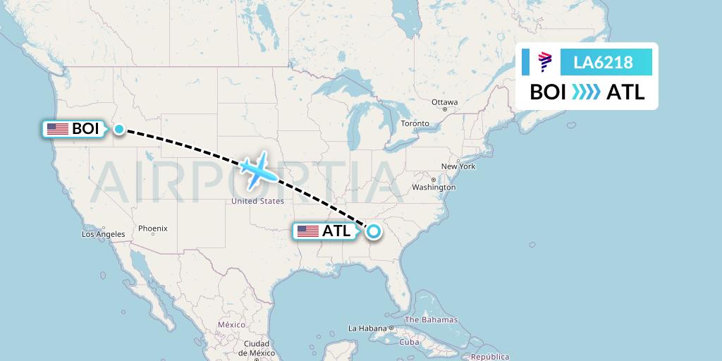 LA6218 LAN Airlines Flight Map: Boise to Atlanta