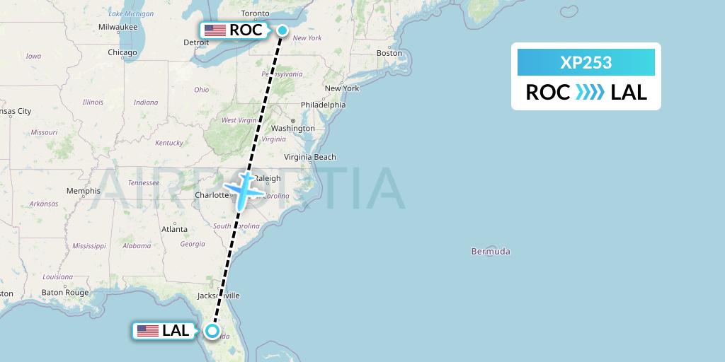 XP253 Avelo Airlines Flight Map: Rochester to Lakeland