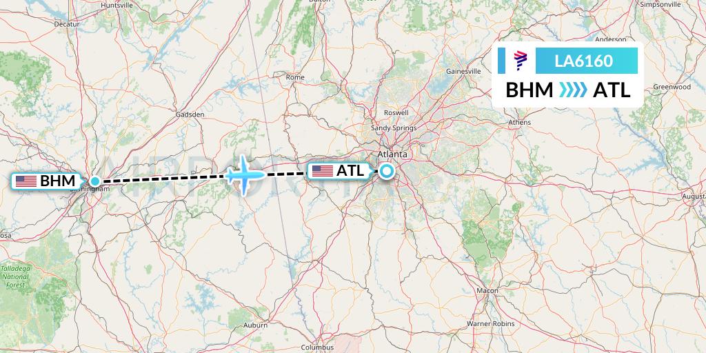 LA6160 LAN Airlines Flight Map: Birmingham to Atlanta