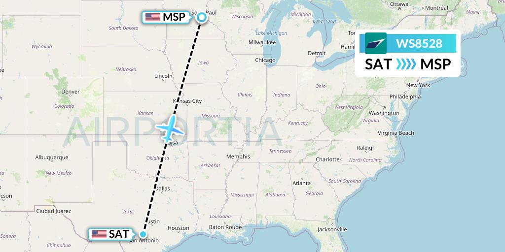 WS8528 WestJet Flight Map: San Antonio to Minneapolis