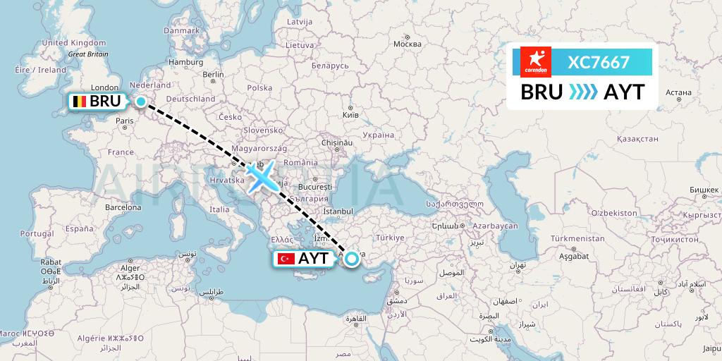 XC7667 Corendon Airlines Flight Map: Brussels to Antalya