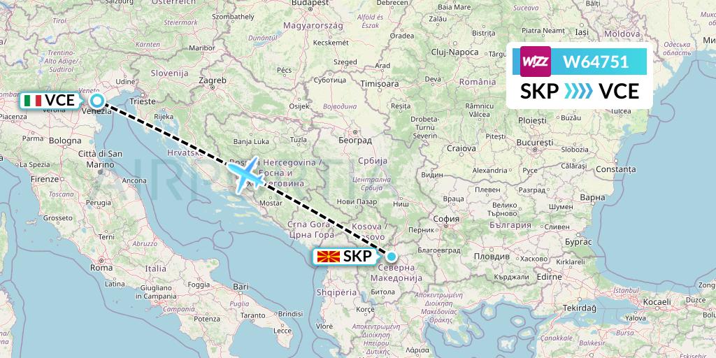 W64751 Wizz Air Flight Map: Skopje to Venice