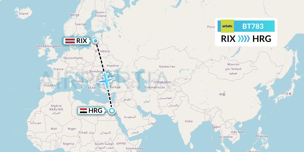 BT783 Air Baltic Flight Map: Riga to Hurghada