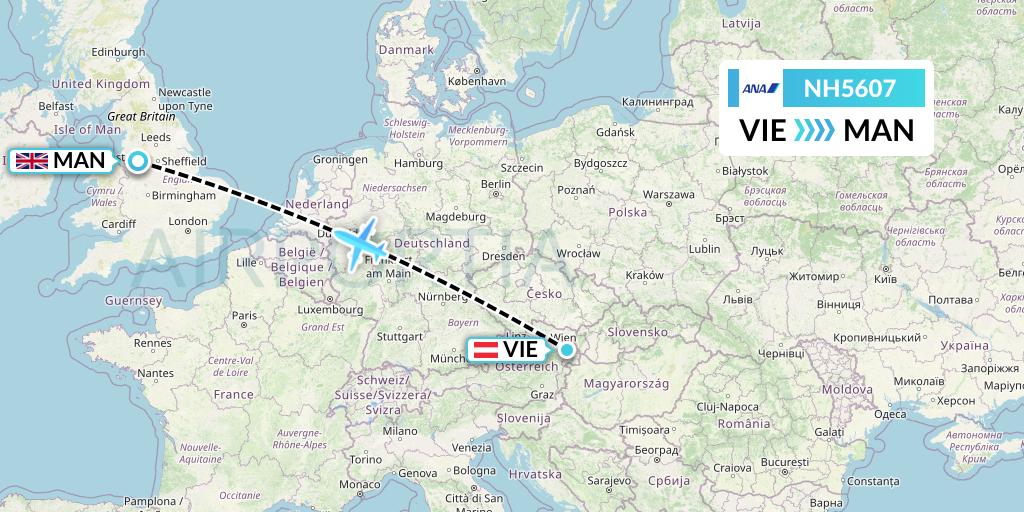 NH5607 All Nippon Airways Flight Map: Vienna to Manchester