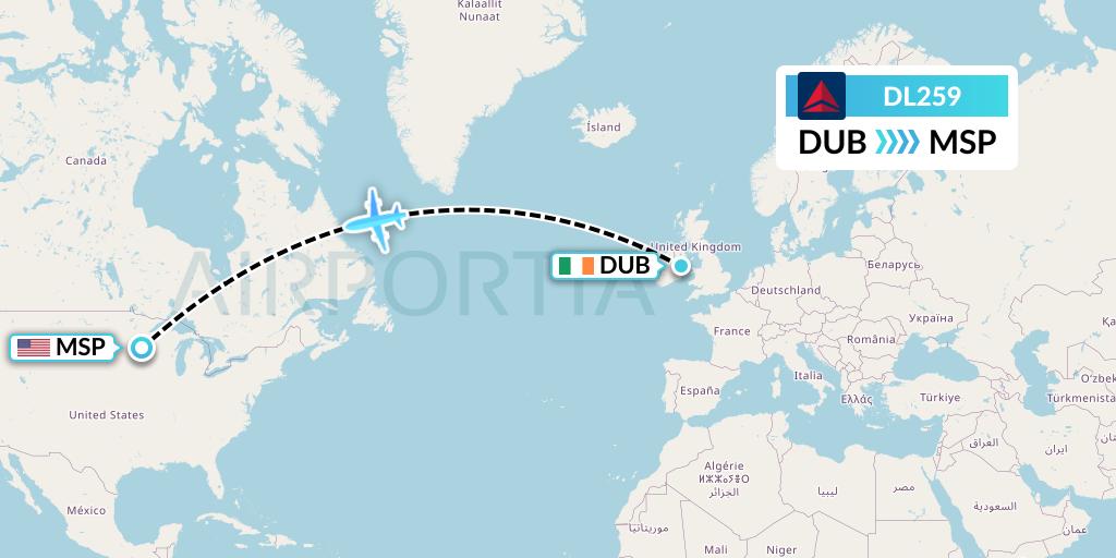 DL259 Delta Air Lines Flight Map: Dublin to Minneapolis