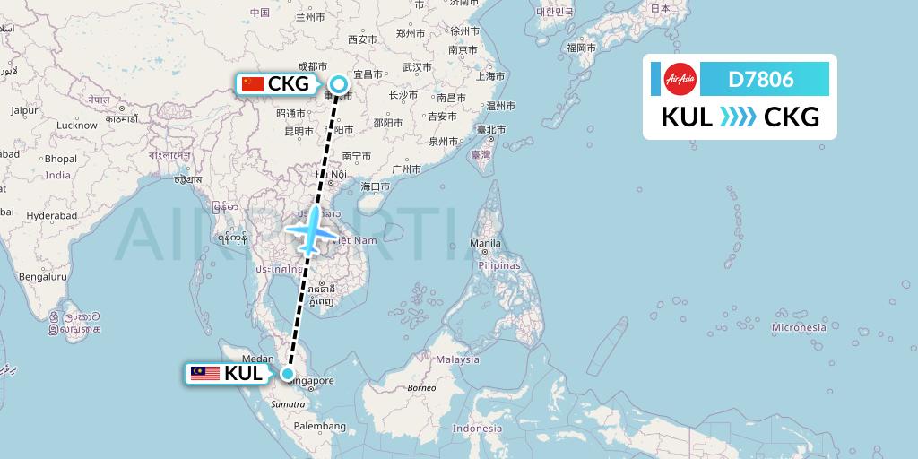 D7806 AirAsia X Flight Map: Kuala Lumpur to Chongqing