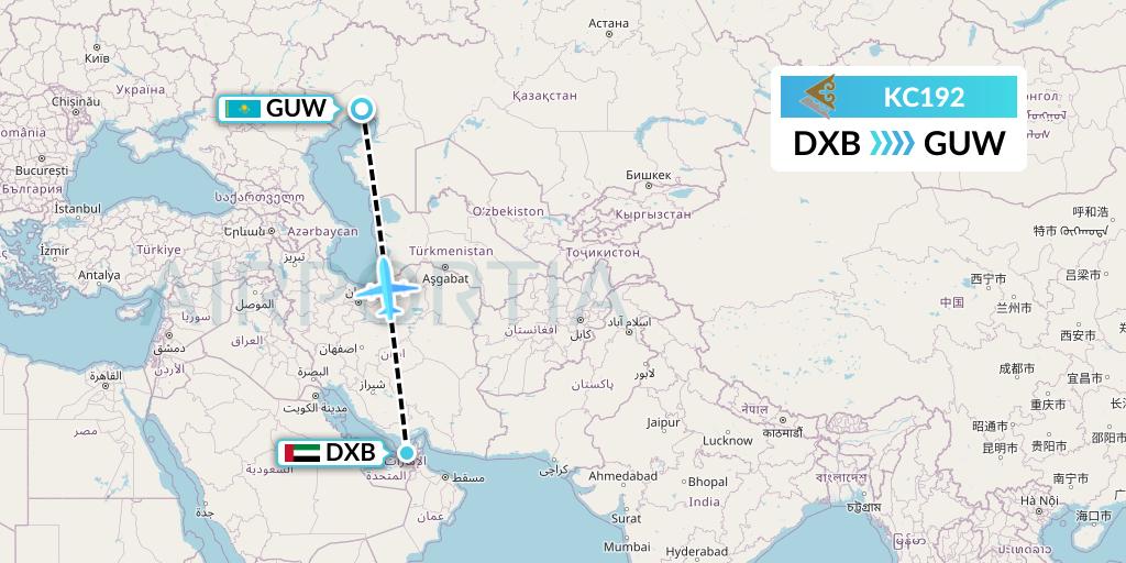 KC192 Air Astana Flight Map: Dubai to Atyrau
