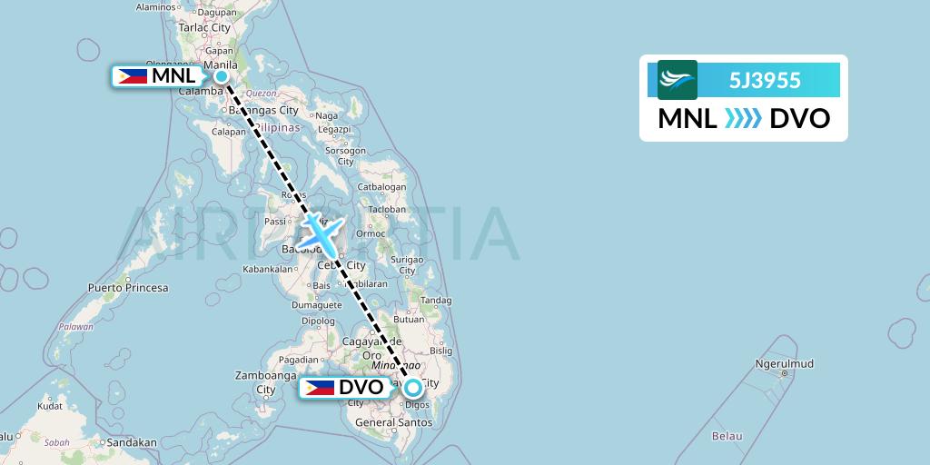 5J3955 CEBU Pacific Air Flight Map: Manila to Davao City
