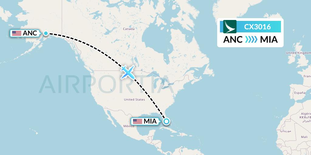 CX3016 Cathay Pacific Flight Map: Anchorage to Miami