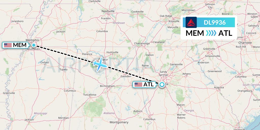 DL9936 Delta Air Lines Flight Map: Memphis to Atlanta
