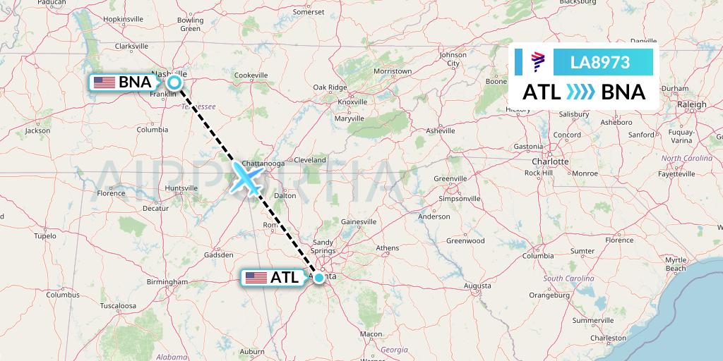 LA8973 LAN Airlines Flight Map: Atlanta to Nashville