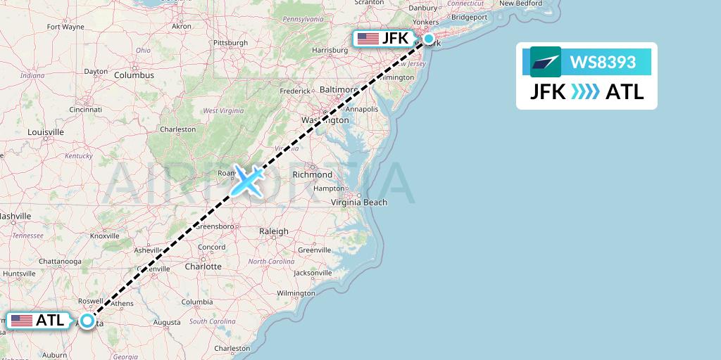 WS8393 WestJet Flight Map: New York to Atlanta