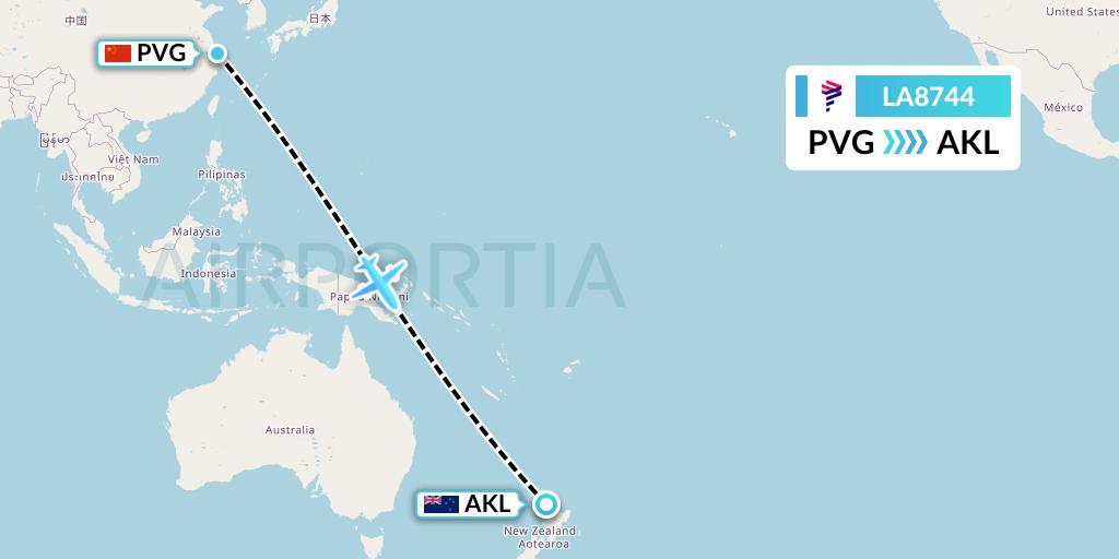 LA8744 LAN Airlines Flight Map: Shanghai to Auckland