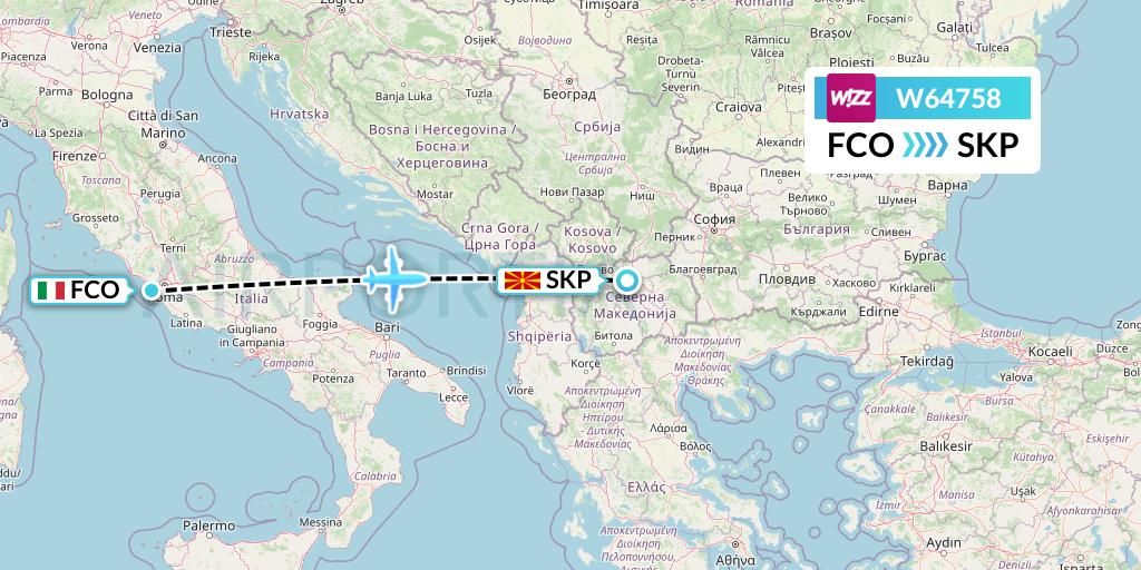 W64758 Wizz Air Flight Map: Rome to Skopje