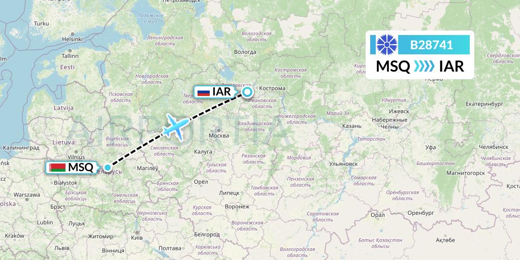B28741 Belavia Flight Map: Minsk to Yaroslavl