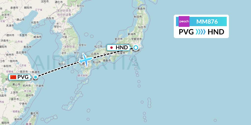 MM876 Peach Aviation Flight Map: Shanghai to Tokyo