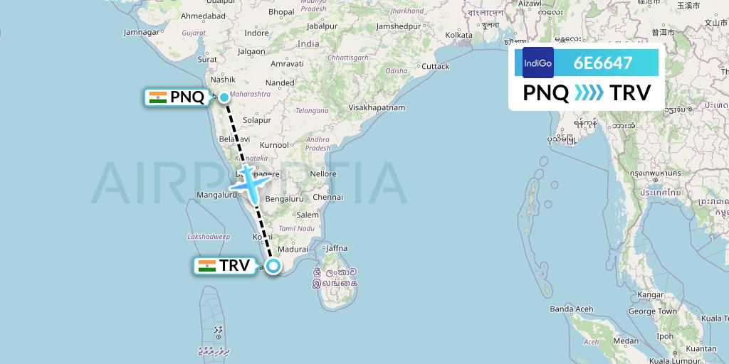 6E6647 IndiGo Airlines Flight Map: Pune to Thiruvananthapuram