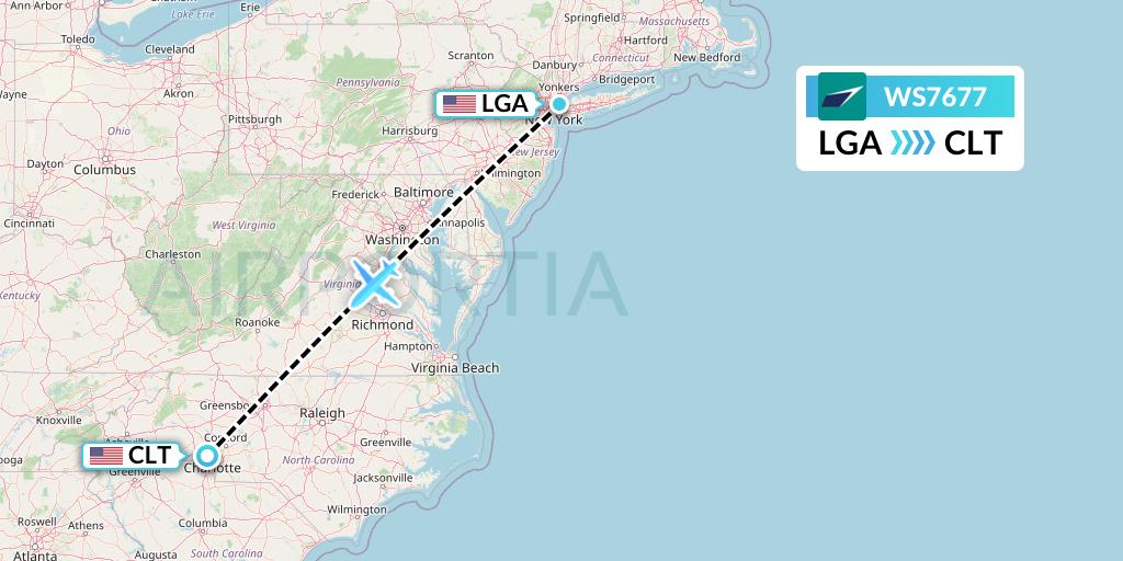WS7677 WestJet Flight Map: New York to Charlotte