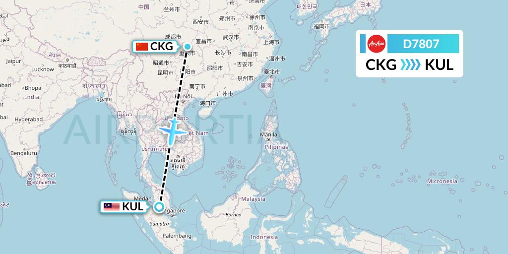 D7807 AirAsia X Flight Map: Chongqing to Kuala Lumpur