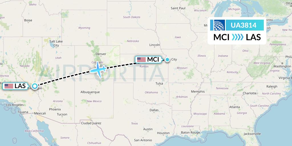 UA3814 United Airlines Flight Map: Kansas City to Las Vegas