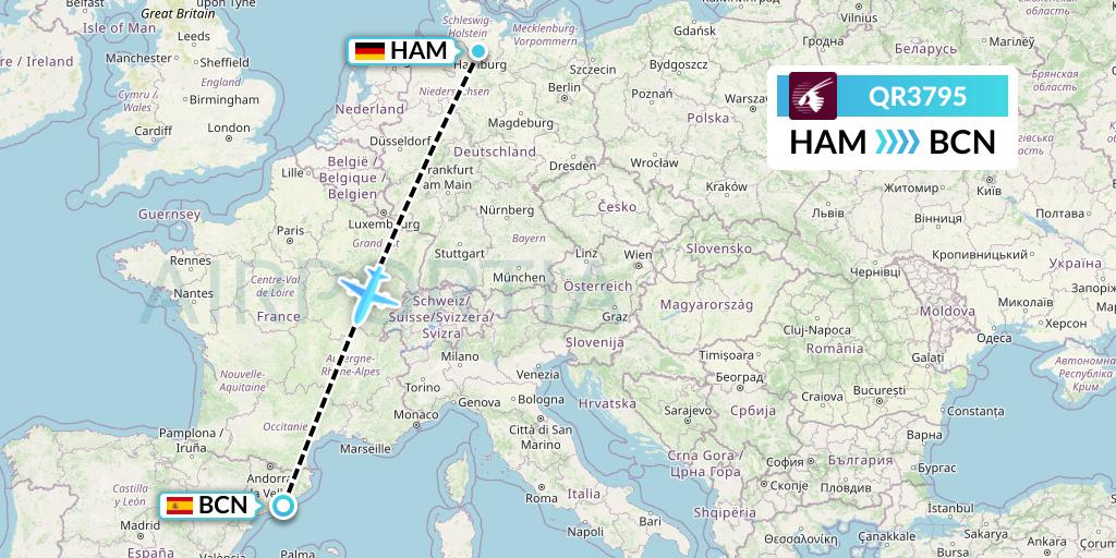 QR3795 Qatar Airways Flight Map: Hamburg to Barcelona